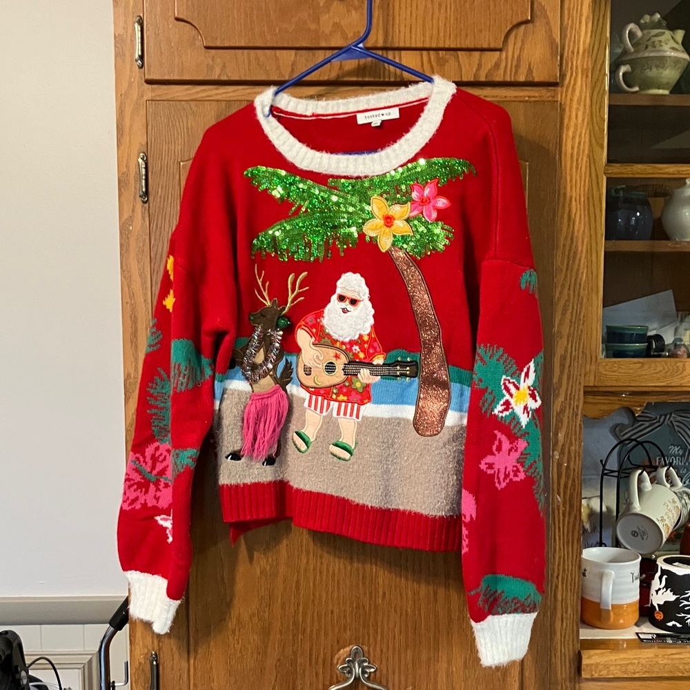 Red Holiday Sweater with Hawaiian Santa and Reindeer. XL.